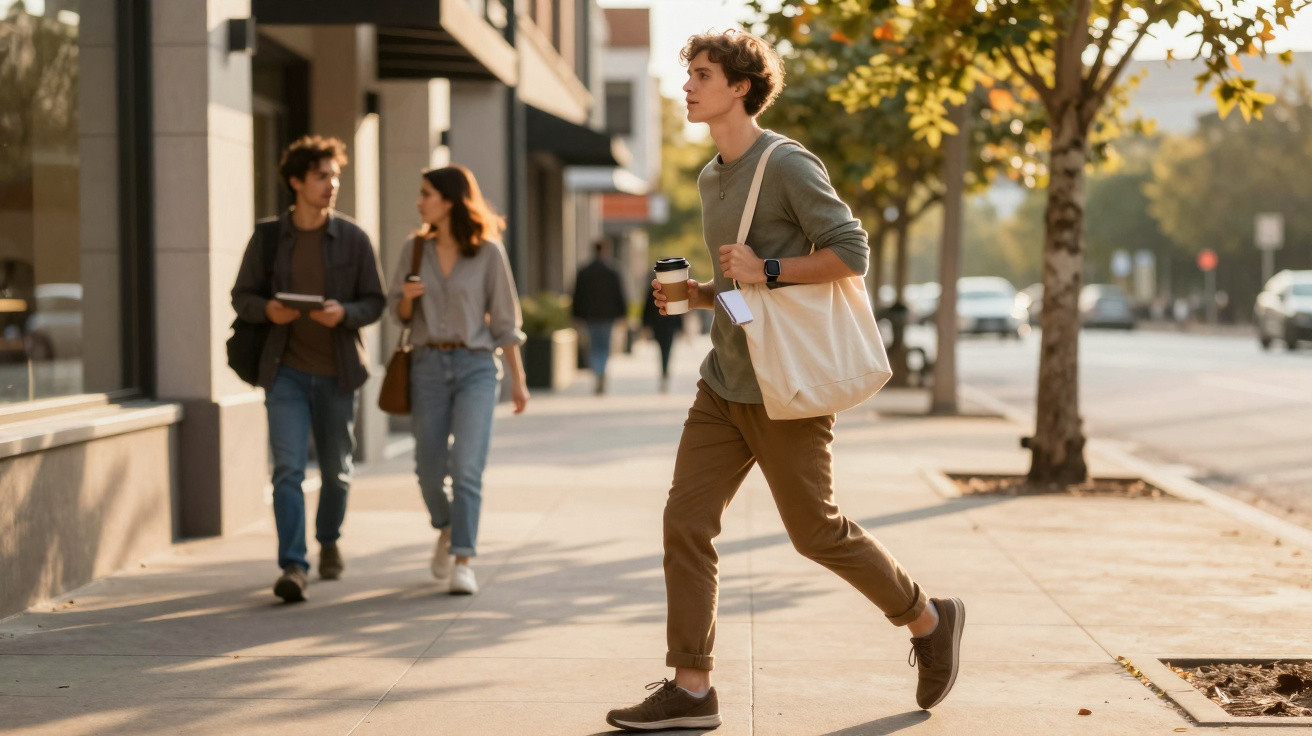 Jovem caminhando na calçada segurando café e bolsa, com duas pessoas ao fundo conversando.