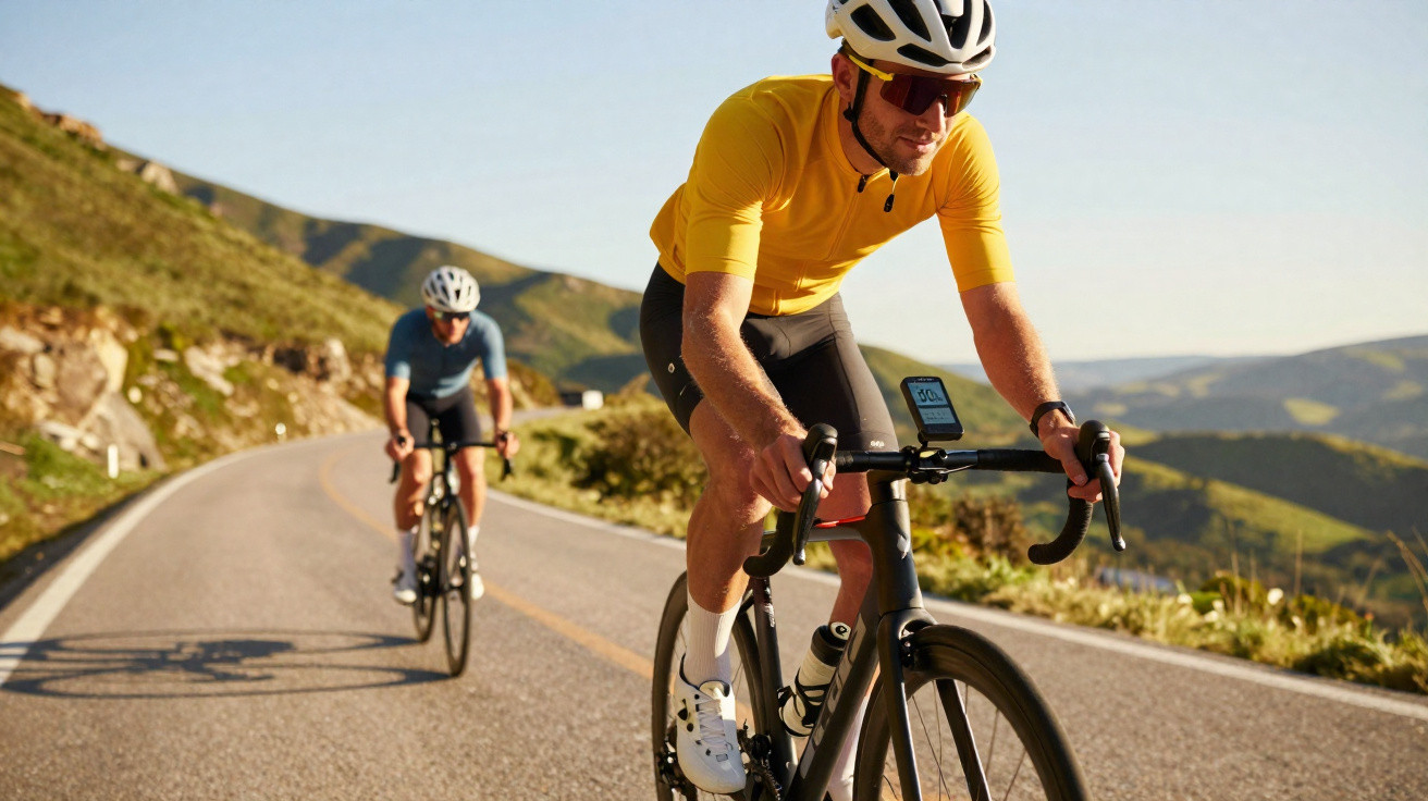 Dois ciclistas em estrada montanhosa, um com camisa amarela e capacete branco liderando o percurso.