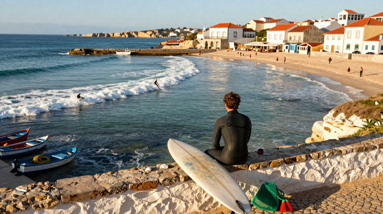 Surfista sentado com prancha olhando para o mar em praia de vila com casas brancas e telhados vermelhos.