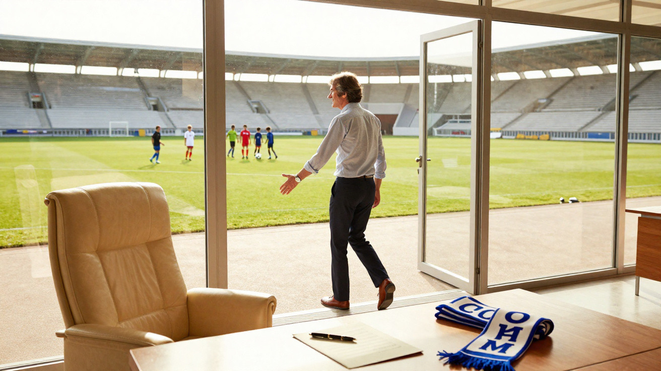 Homem em roupa social saindo de uma sala com vista para campo de futebol e jogadores ao fundo.