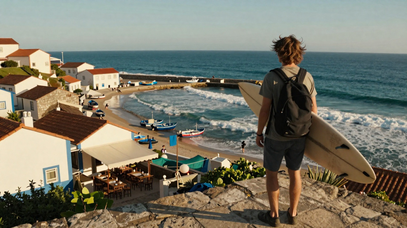 Jovem com prancha de surf observa praia com barcos e casas brancas ao pôr do sol.