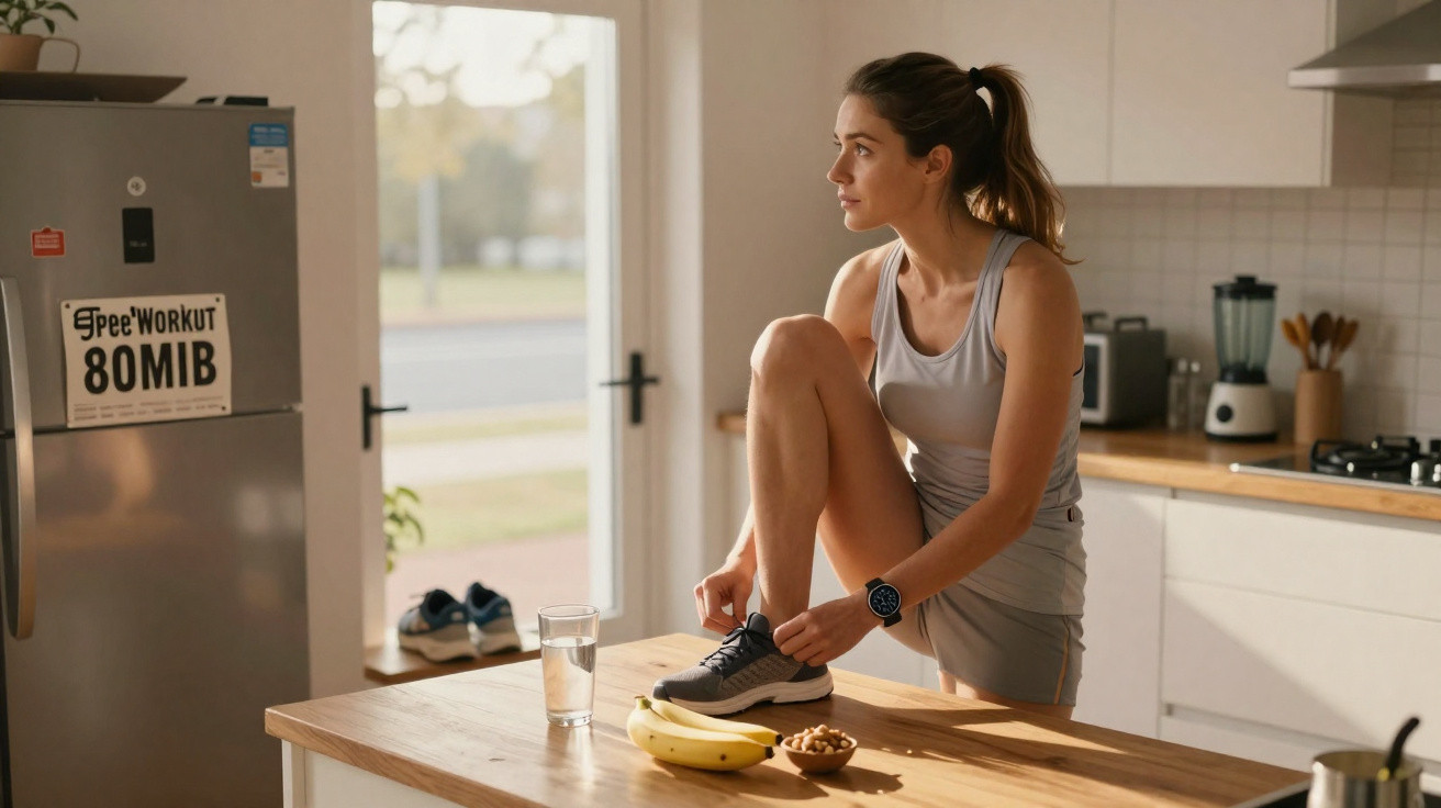Mulher amarrando tênis na cozinha, sentada no balcão com bananas, castanhas e copo d’água à frente.