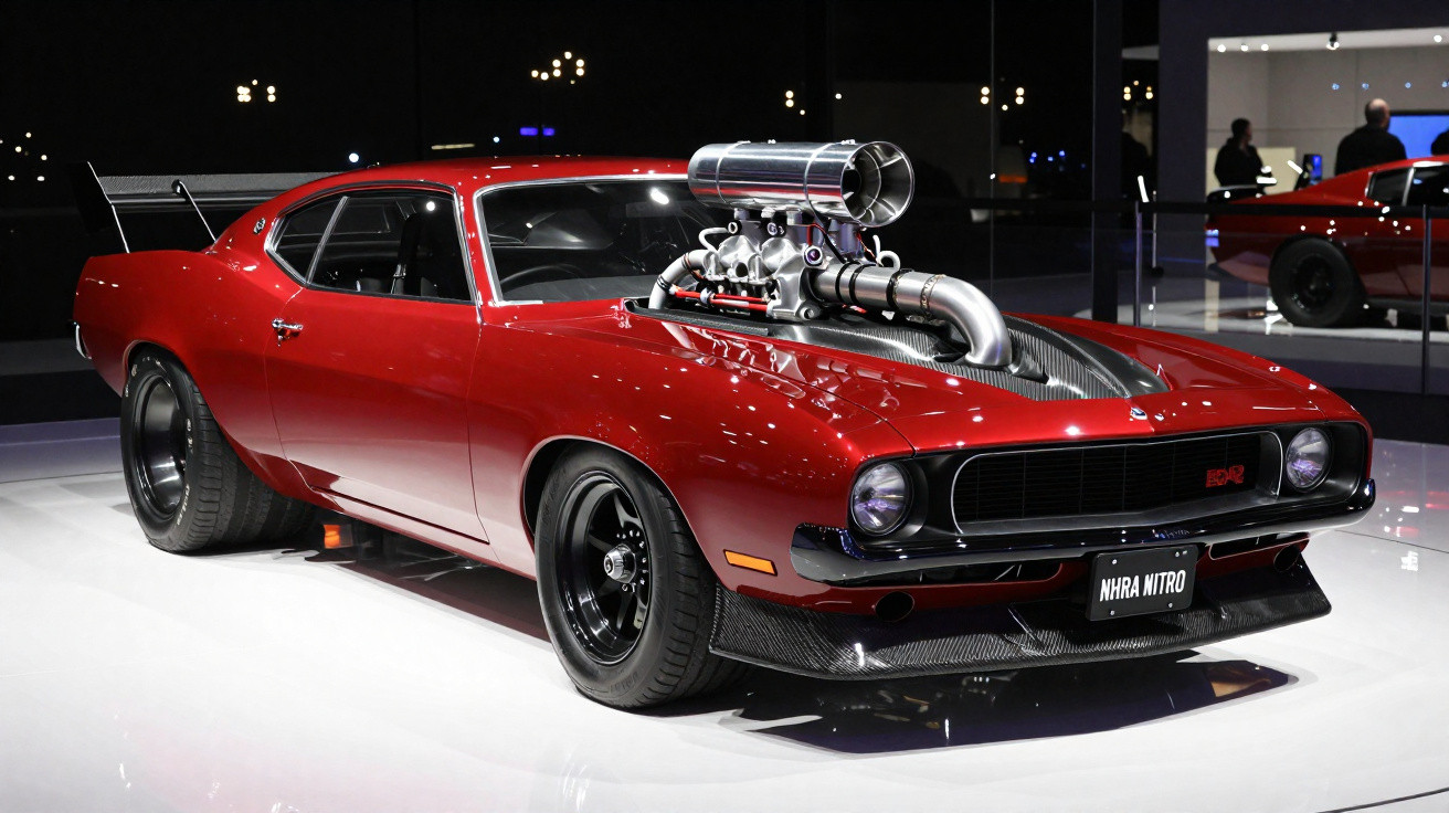 Carro muscle vermelho personalizado com motor turbo exposto e pneus largos em exposição interna.