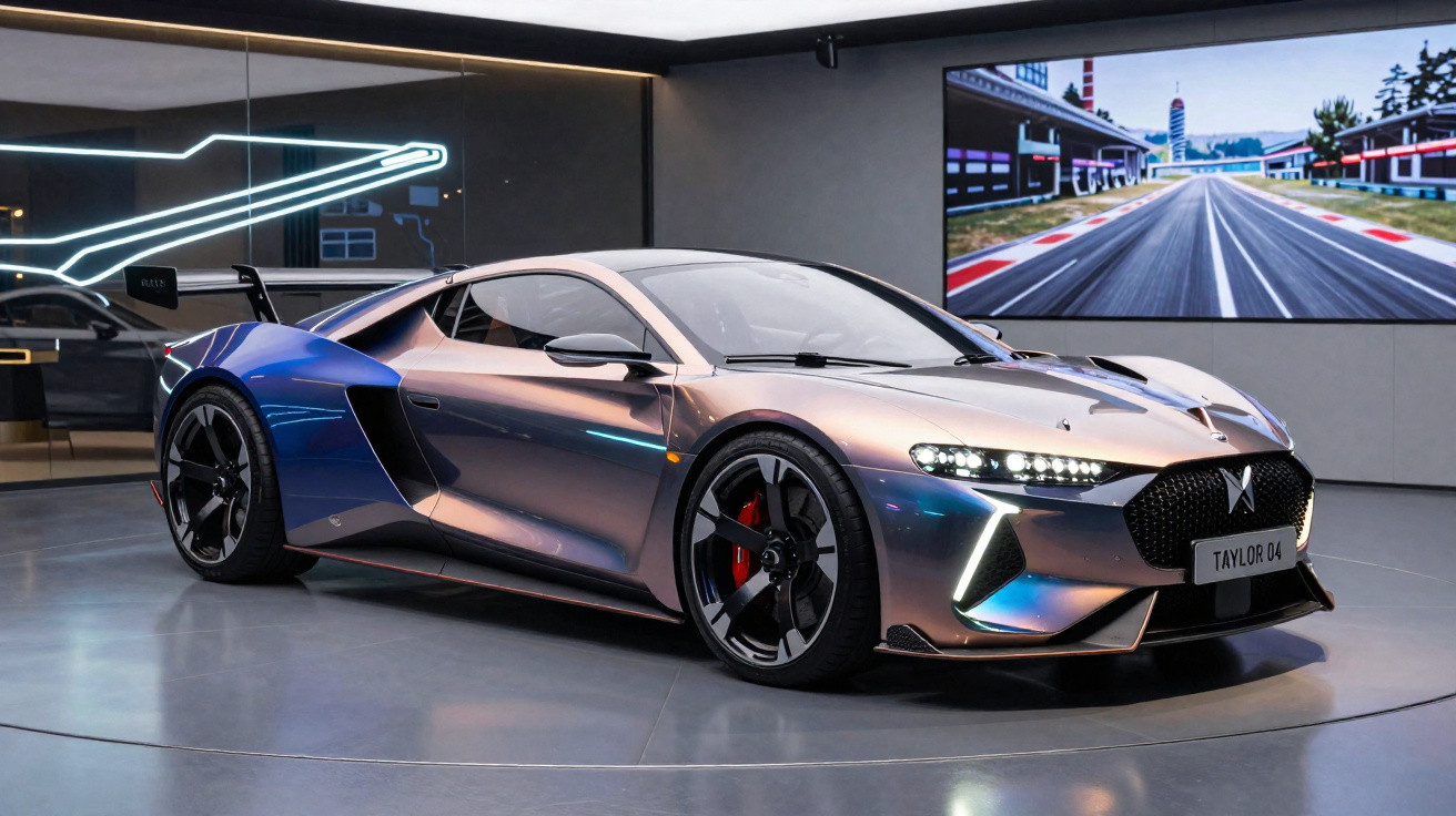 Carro esportivo cinza metálico com detalhes azuis em exposição digital com luzes modernas.