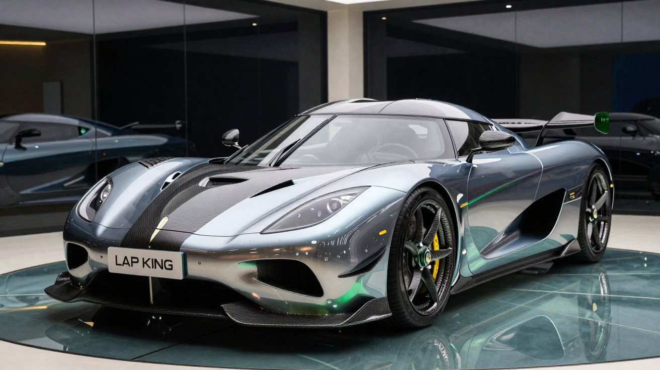 Carro esportivo de luxo prata com detalhes em fibra de carbono em exposição sobre base circular vidro.