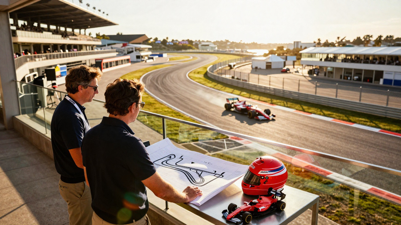 Dois homens observam a pista de corrida, com um mapa, um capacete e um modelo de carro de Fórmula 1 na mesa.