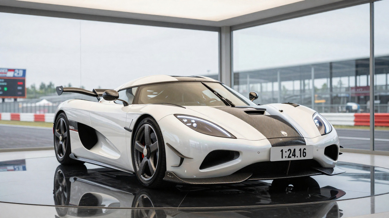 Carro esportivo branco com detalhes em fibra de carbono exibido em ambiente interno com vidros.