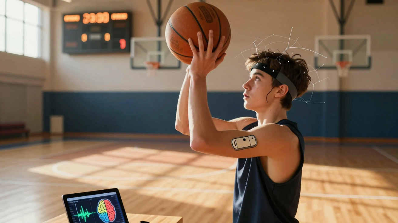 Jovem com sensores na cabeça e braço praticando basquete em quadra com monitoramento cerebral ao lado.