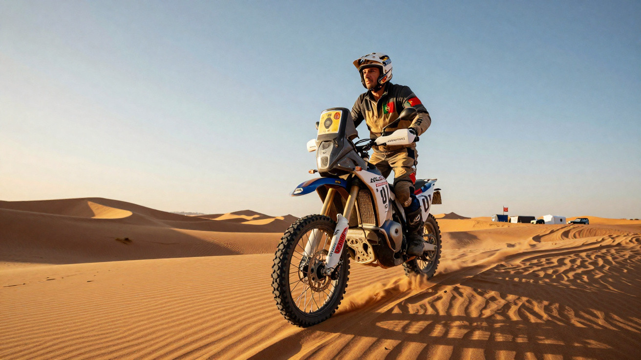 Motociclista em trilha de areia no deserto, com equipamento de proteção e moto off-road azul.