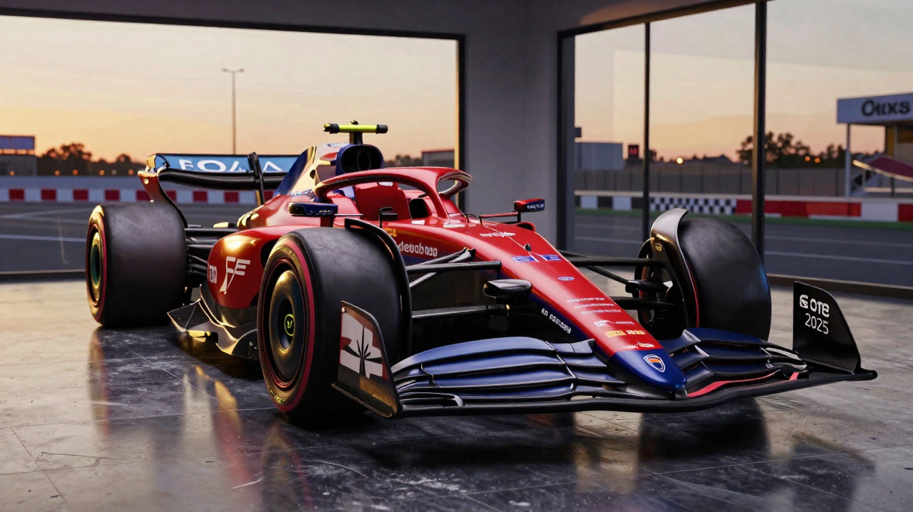 Carro de Fórmula 1 vermelho e azul em box com piso brilhante ao pôr do sol.