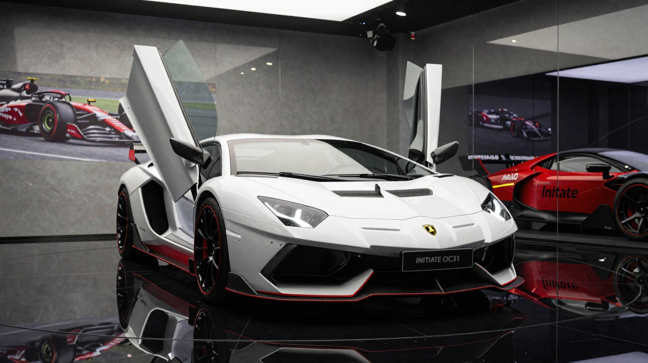 Carro esportivo branco com portas asa de gaivota em exposição com reflexo no chão e parede envidraçada.