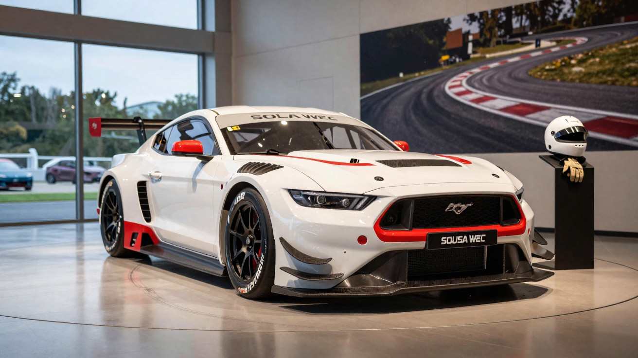 Carro de corrida branco com detalhes vermelhos em exibição ao lado de um capacete nas dependências de um museu.