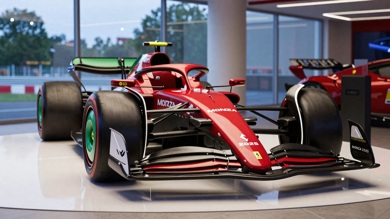 Carro de Fórmula 1 vermelho da Ferrari 2025 em exibição dentro de showroom moderno.