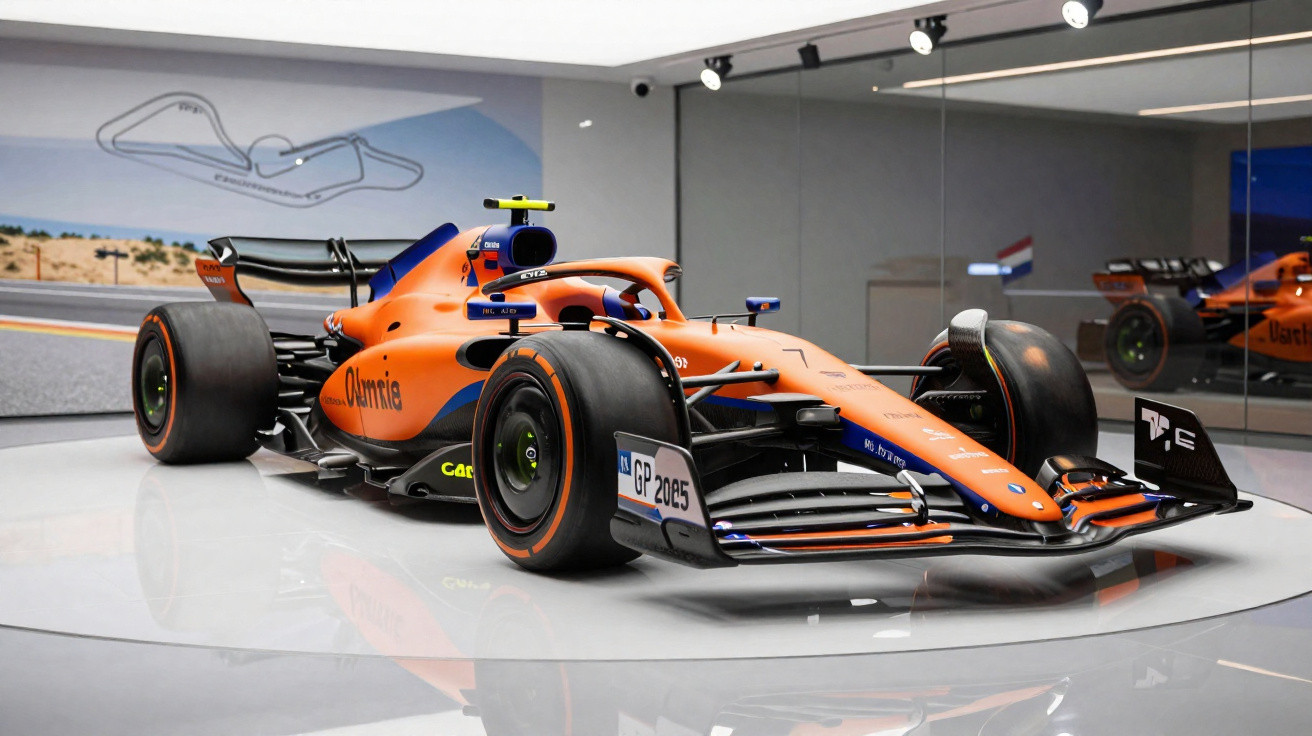 Carro de Fórmula 1 laranja em exibição com parede espelhada ao fundo e pista desenhada na parede.