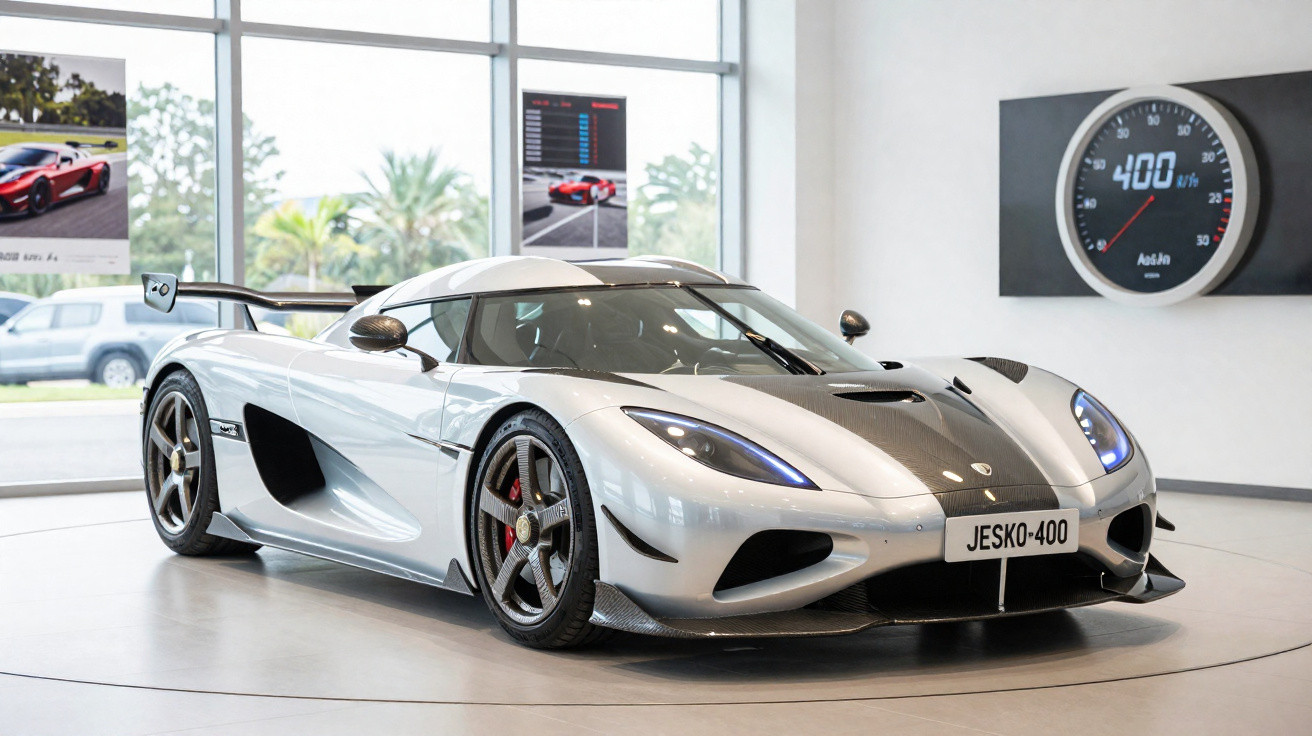Carro esportivo prata Koenigsegg Jesko em exposição com detalhe de velocímetro 400 km/h ao fundo.