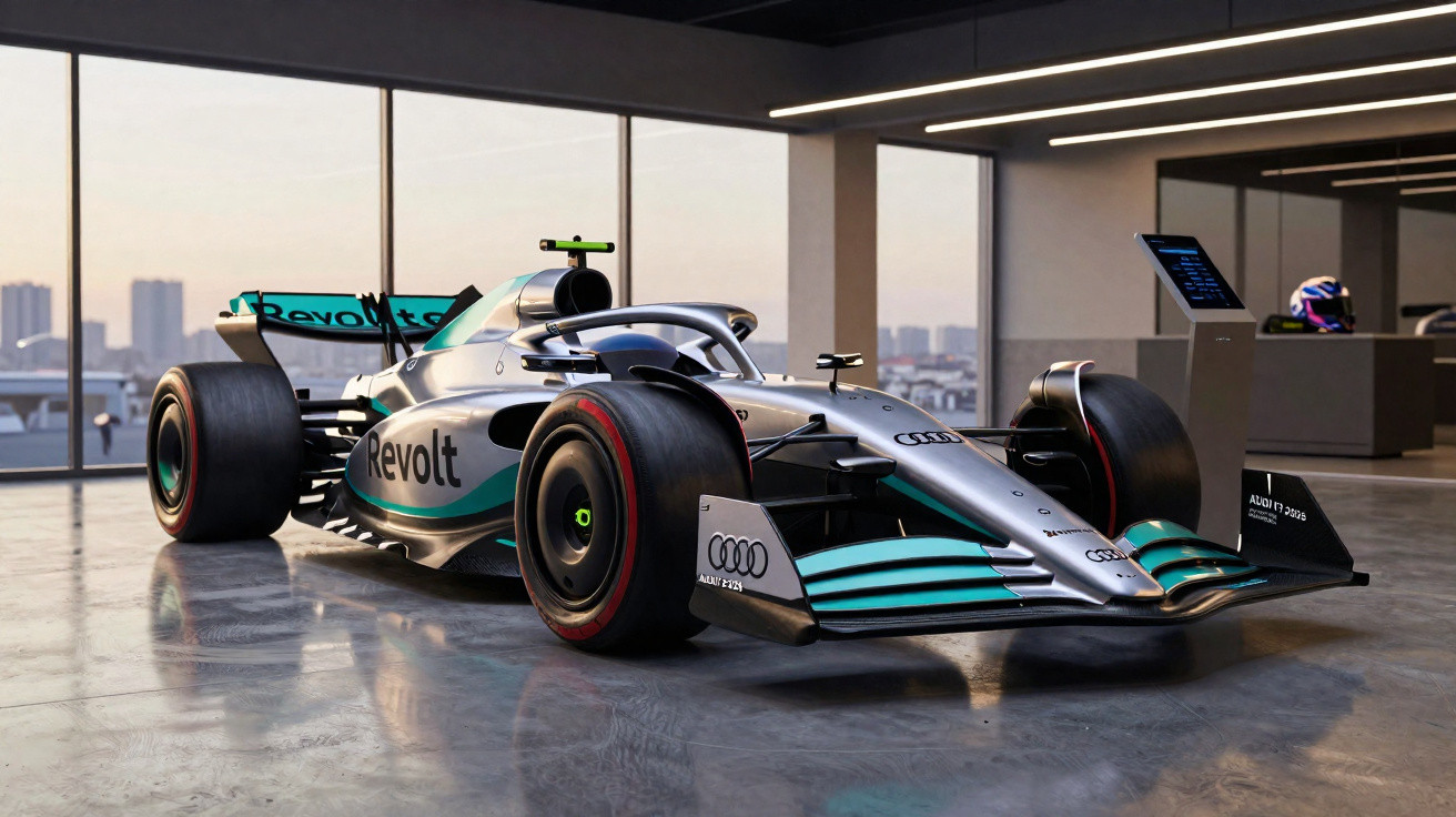 Carro de Fórmula 1 prateado e verde da Audi Revolt estacionado em garagem com vista para a cidade ao fundo.