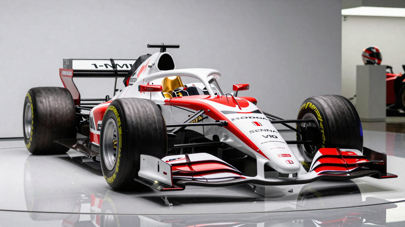 Carro de corrida Fórmula 1 vermelho e branco, exibido em ambiente interno com reflexão no chão.