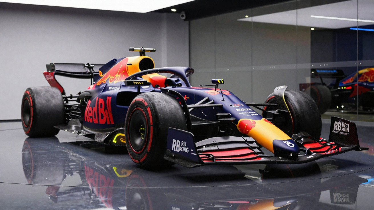 Carro de Fórmula 1 da Red Bull com design azul, vermelho e amarelo em exposição interna refletida no chão brilhante.