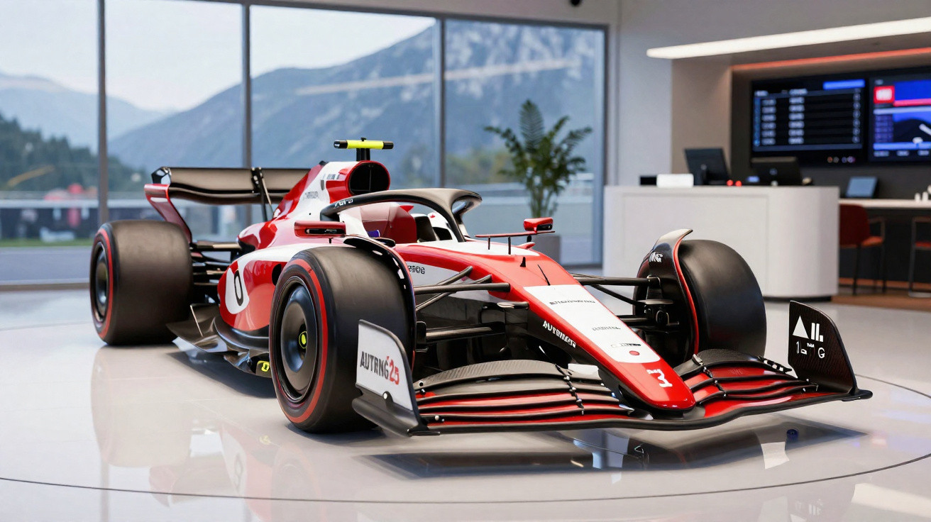 Carro de Fórmula 1 vermelho e branco em exposição dentro de ambiente moderno com vista para montanhas.