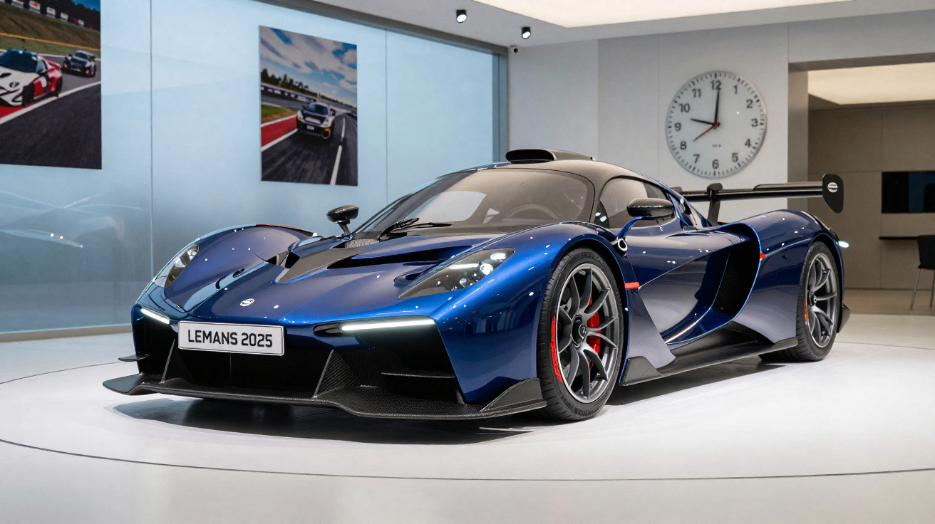 Carro esportivo azul metálico LeMans 2025 exibido em salão com rodas vermelhas e design aerodinâmico.