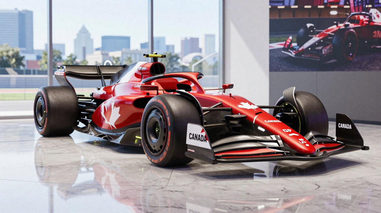 Carro de Fórmula 1 vermelho com detalhes em branco e patrocinadores do Canadá em exposição interna.