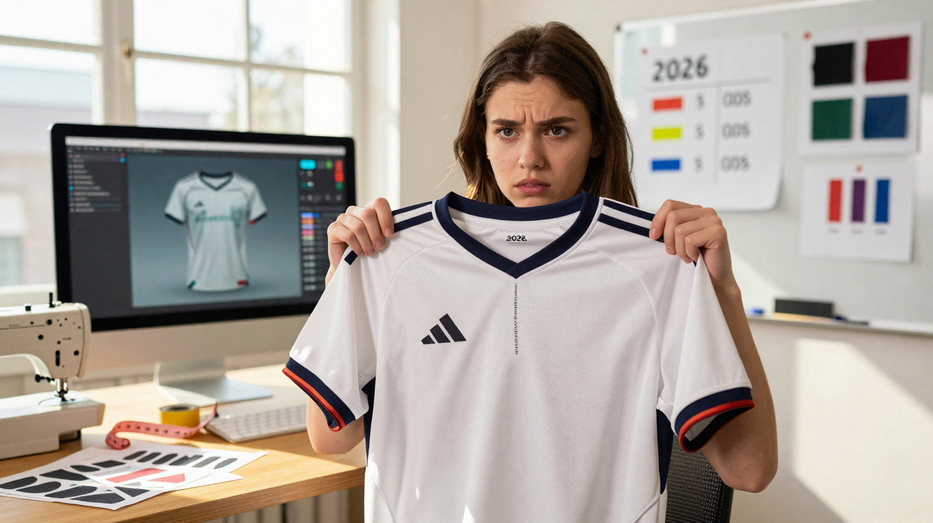 Mulher designer segurando camisa branca de futebol com expressão preocupada em escritório de design.