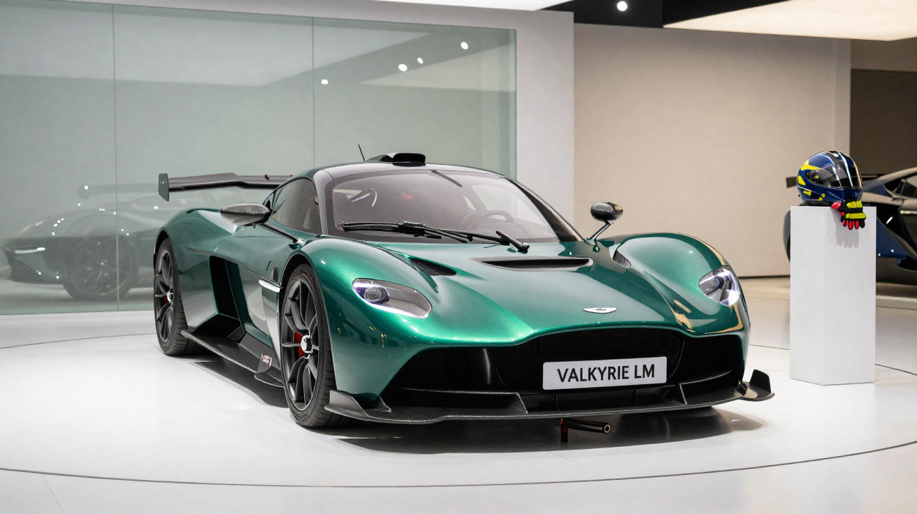 Carro esportivo verde Aston Martin Valkyrie LM em exposição dentro de showroom moderno.