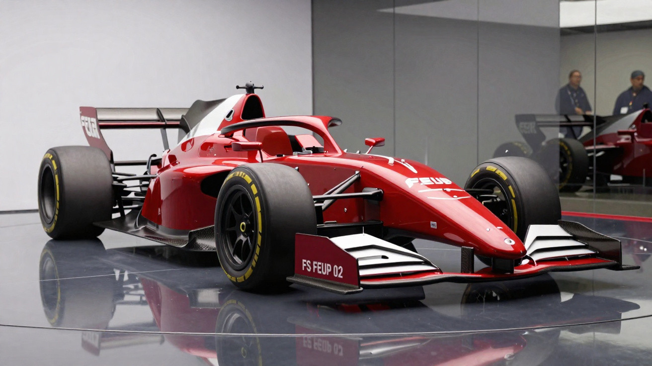 Carro de corrida vermelho FS FEUP 02 exposto em plataforma giratória com reflexos no chão.