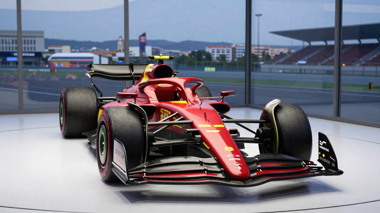 Carro de Fórmula 1 vermelho em exibição dentro de sala com grandes janelas e vista para autódromo.