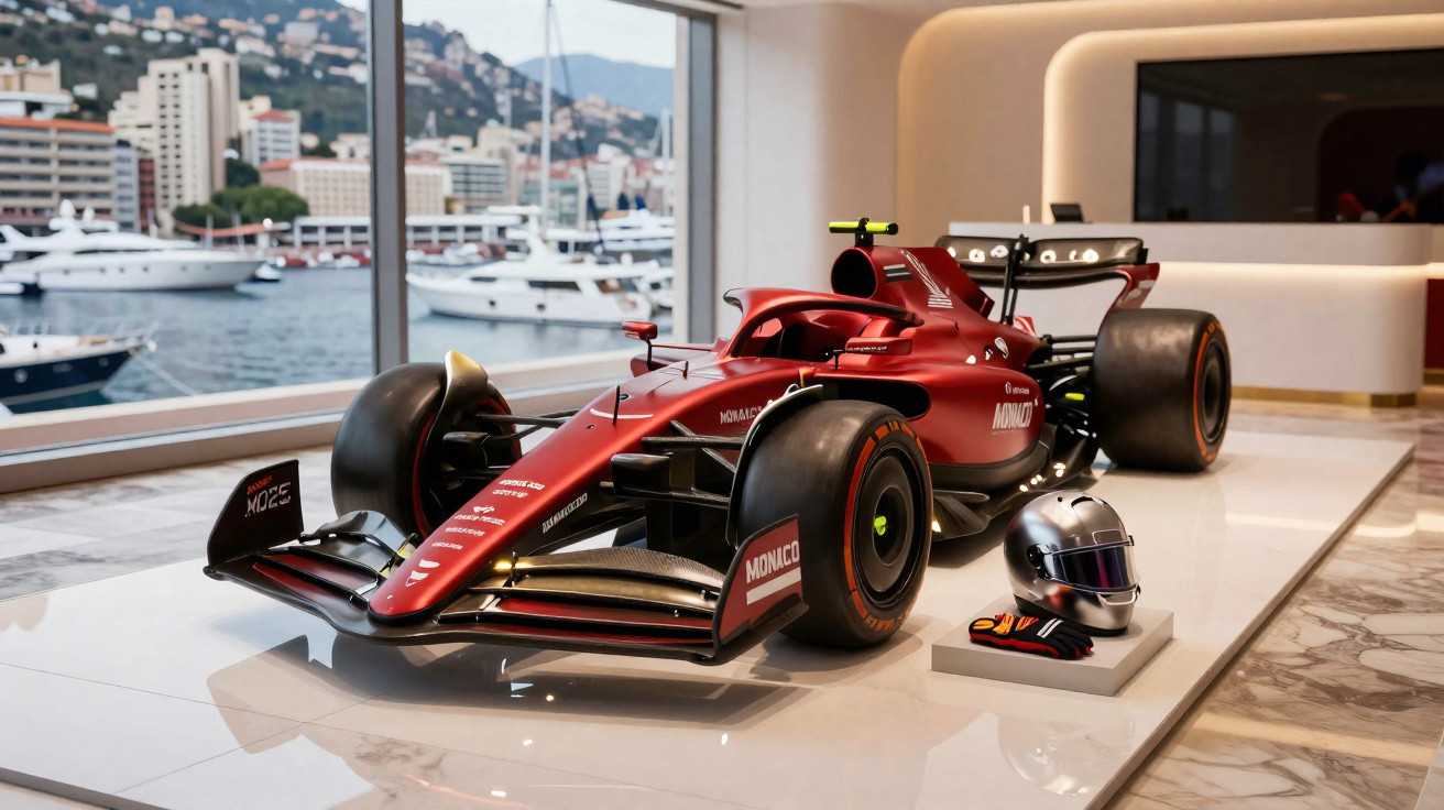 Carro de Fórmula 1 vermelho exposto em vitrine com capacete prateado e luvas ao lado, vista para marina ao fundo.