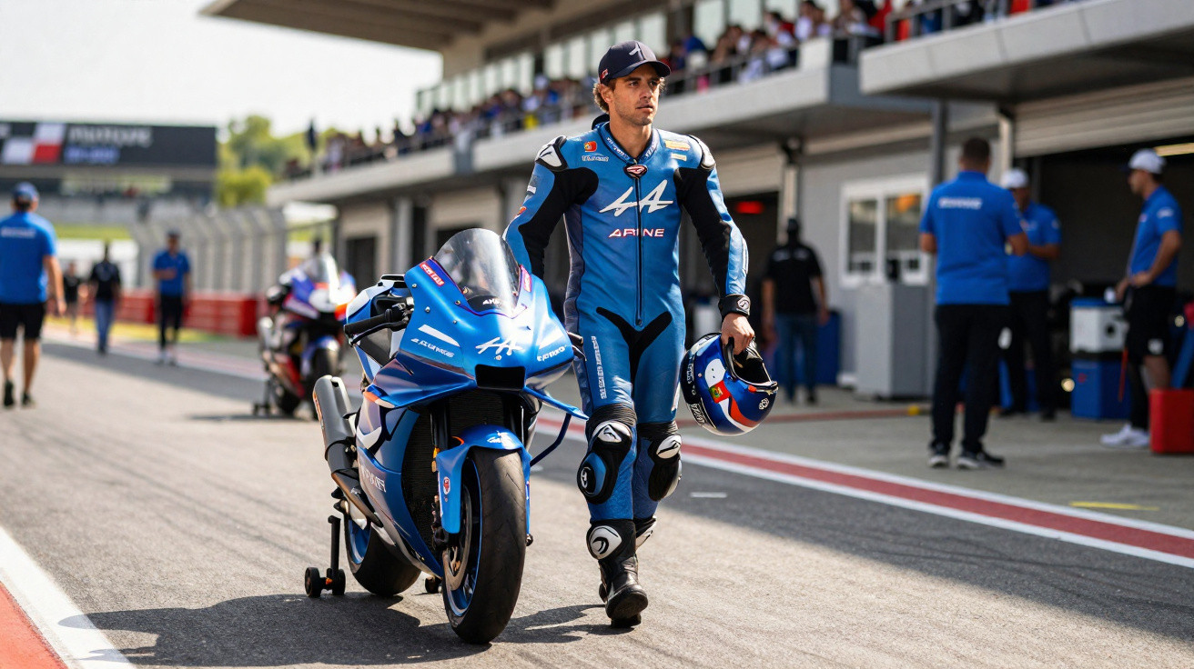 Piloto de motocicleta de corrida em traje completo azul caminhando ao lado da moto na pista de corrida.
