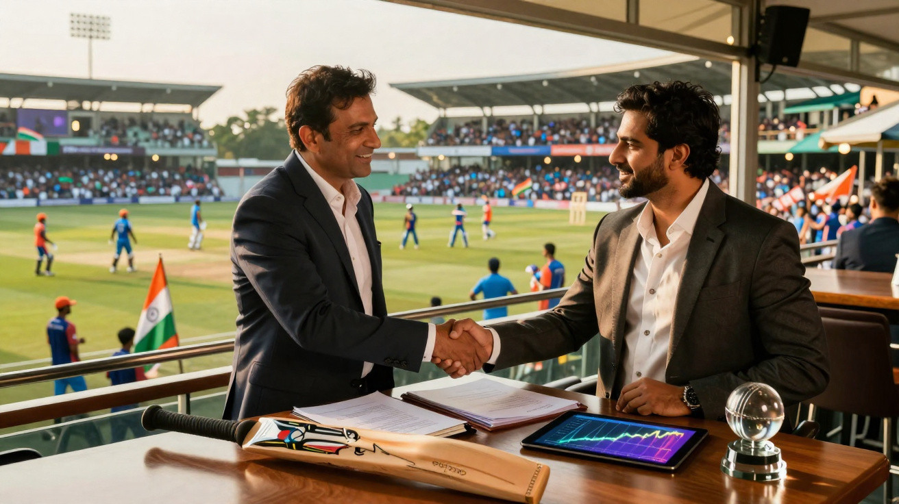 Dois homens de terno apertam as mãos em uma mesa com equipamentos de críquete, com campo e jogadores ao fundo.