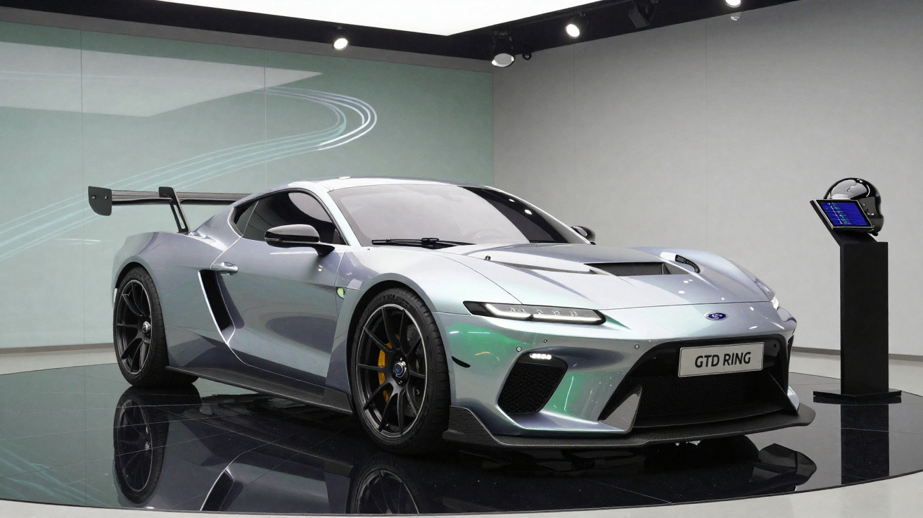 Carro esportivo prata GTD Ring exibido em ambiente interno moderno com iluminação direta.