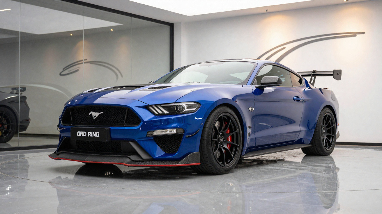 Carro esportivo Ford Mustang azul metálico com aerofólio grande em showroom moderno.