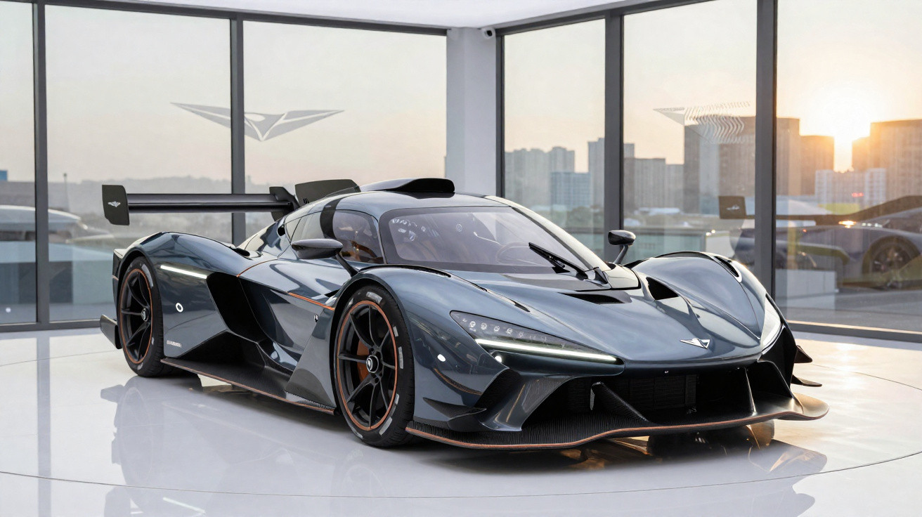 Carro esportivo preto futurista em ambiente interno com grandes janelas e vista da cidade ao pôr do sol.
