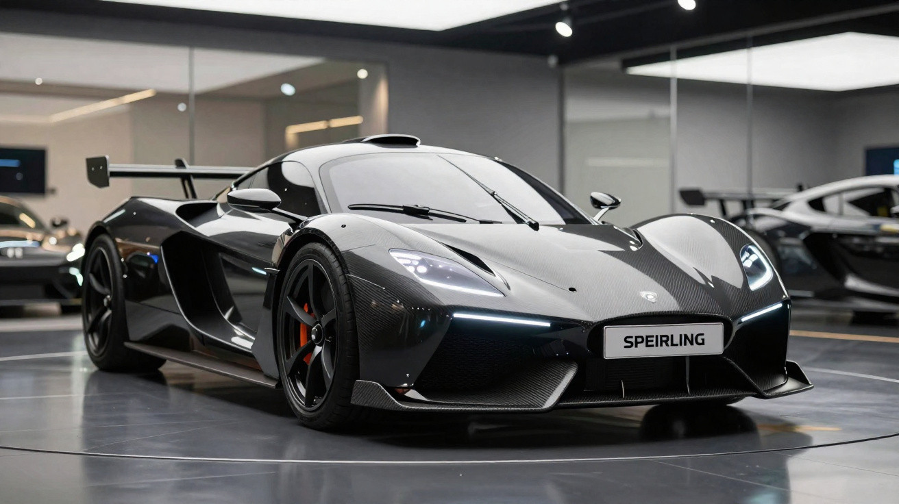 Carro esportivo preto com design aerodinâmico, luzes diurnas de LED e detalhes em fibra de carbono em showroom.