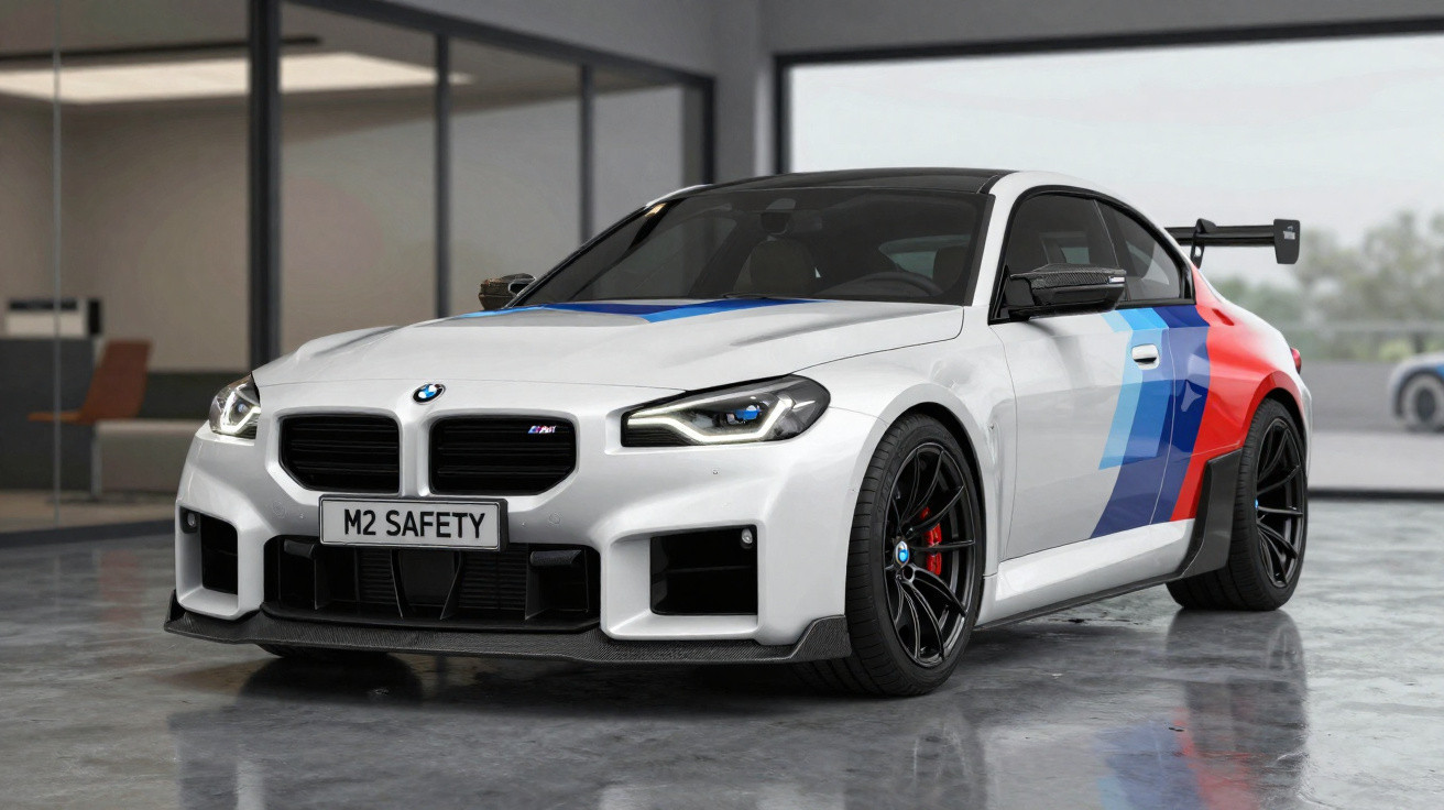 Carro esportivo BMW M2 branco com detalhes em azul e vermelho estacionado em garagem moderna.