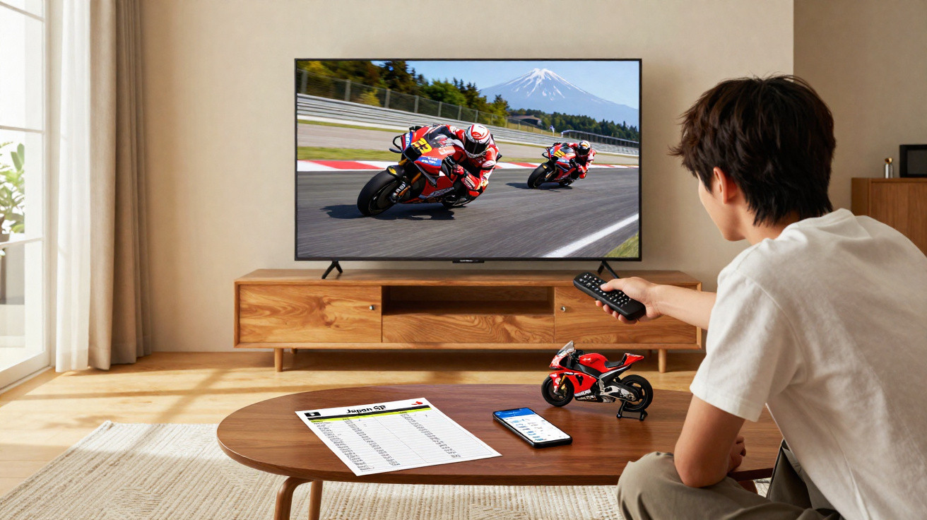 Jovem sentado em sala moderna assistindo corrida de motos e com miniatura, celular e tabela sobre corrida na mesa.