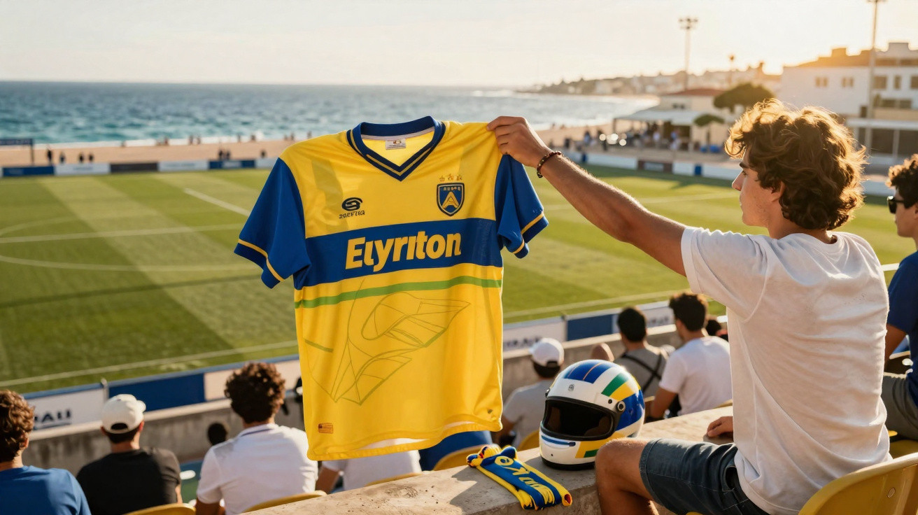 Jovem exibindo camisa de futebol amarela e azul em arquibancada de estádio à beira-mar ao entardecer.