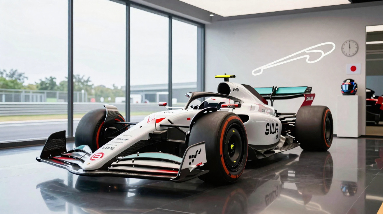 Carro de Fórmula 1 branco com detalhes pretos e vermelhos em exposição dentro de um prédio moderno.