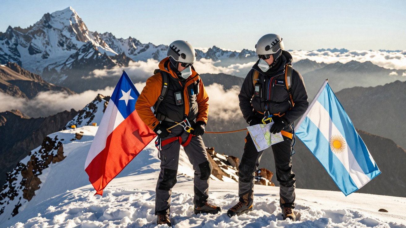 Dois alpinistas com capacetes, bandeiras do Chile e Argentina, em pico nevado com montanhas ao fundo.