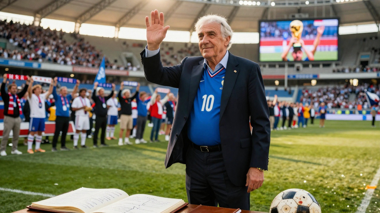 Homem idoso em estádio de futebol acena para torcida vestindo camisa azul número 10 e terno preto.