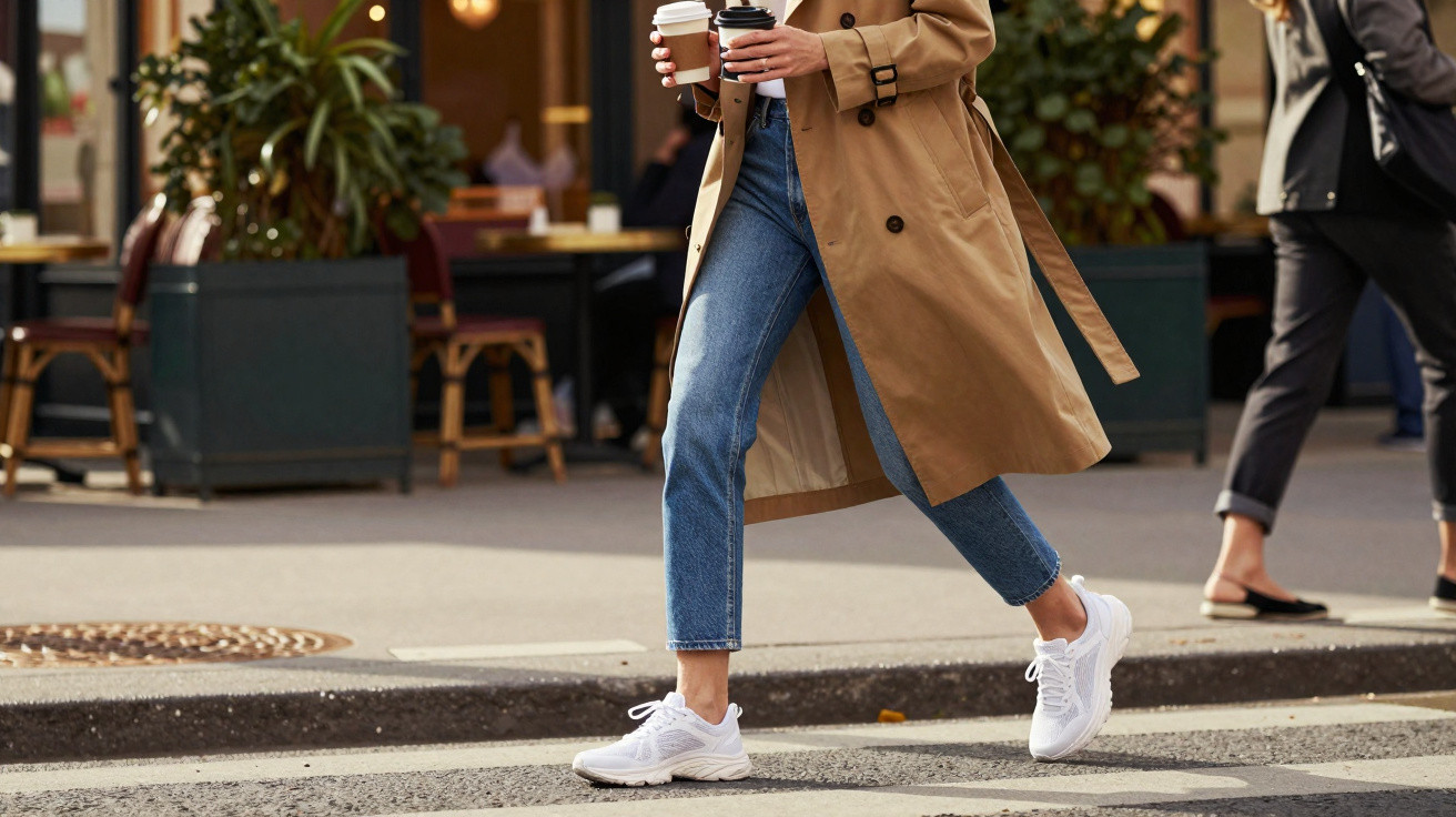 Pessoa usando tênis branco, jeans e sobretudo bege, segurando dois cafés para viagem na rua.