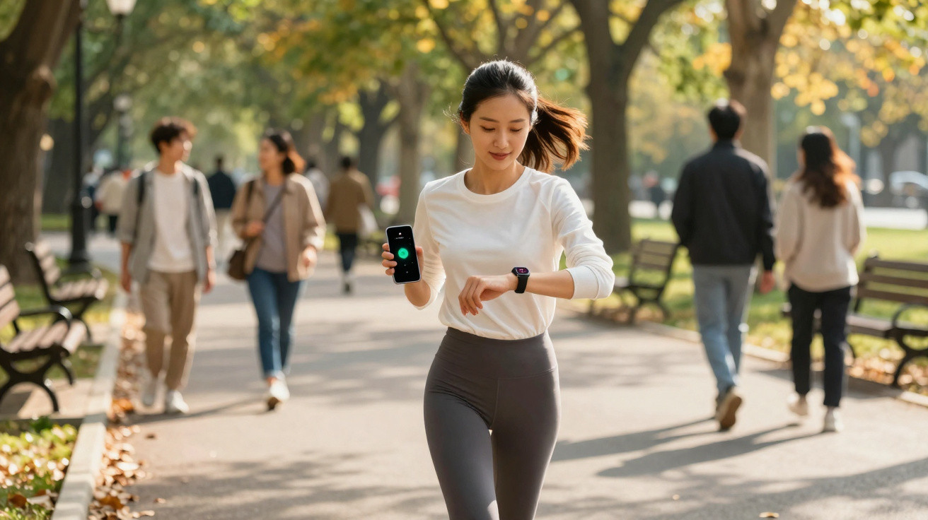 Mulher jovem correndo no parque com relógio inteligente e celular na mão, pessoas ao fundo.