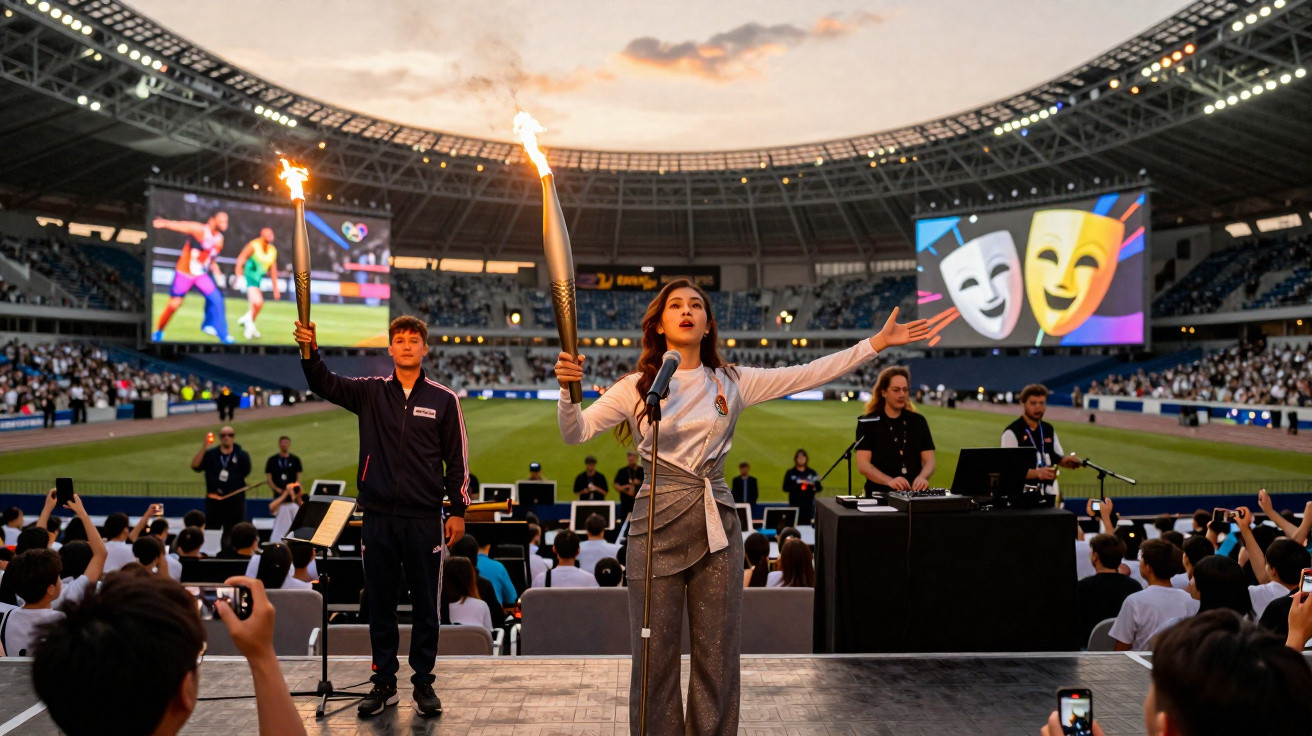 Cerimônia em estádio com pessoas segurando tochas olímpicas e público assistindo no campo e arquibancada.