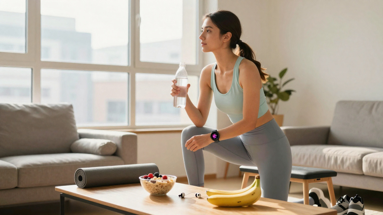 Mulher vestindo roupa de ginástica segura garrafa de água em sala com frutas e tapete de yoga na mesa.