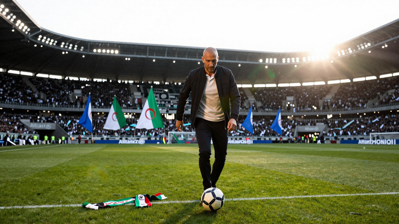 Homem em campo de futebol controlando uma bola, com bandeiras e público ao fundo no estádio Allianz.