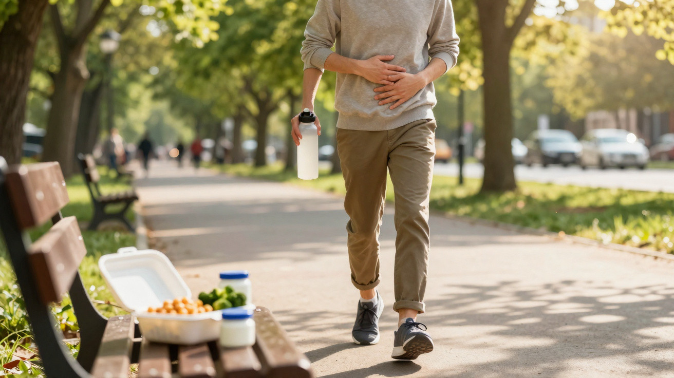 Pessoa caminhando em parque com garrafa de água enquanto segura a barriga, parece desconforto.