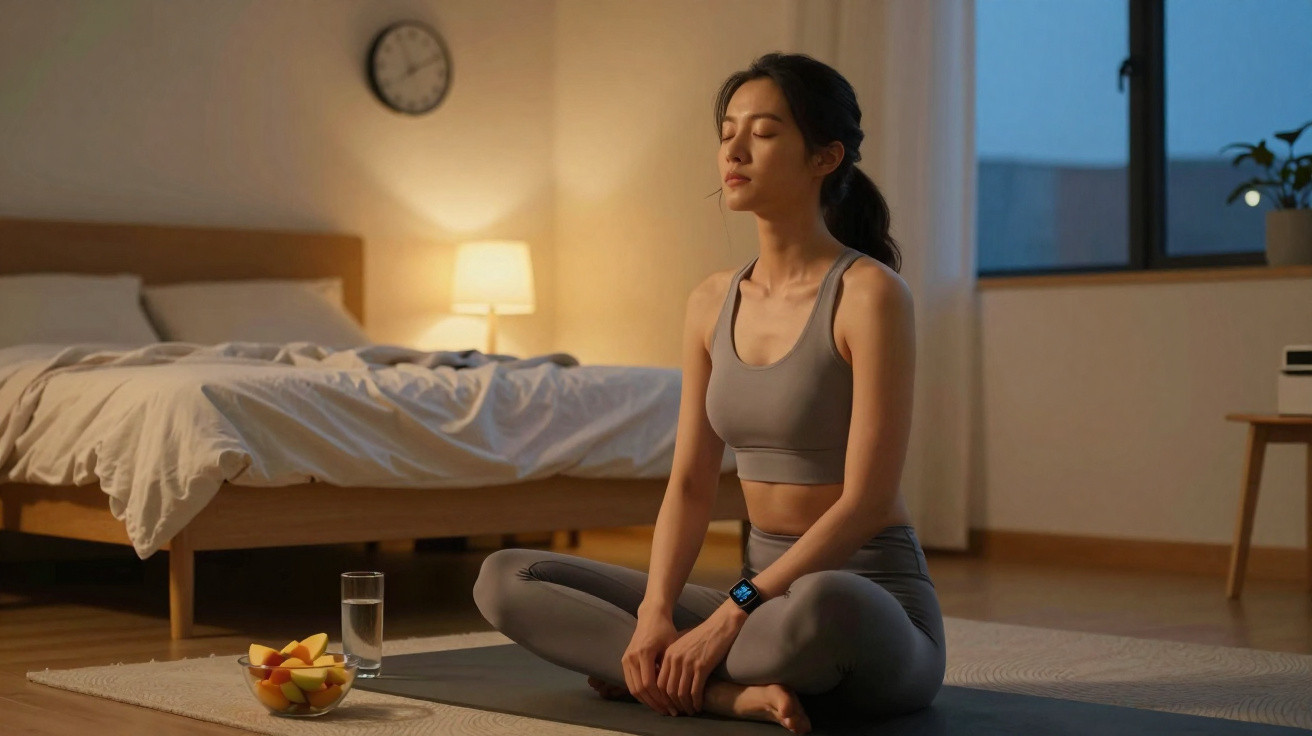 Mulher meditando sentada em posição de lótus em tapete na sala com luz suave ao fundo.