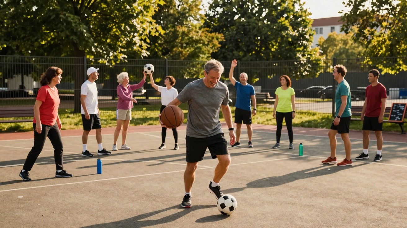 Grupo de idosos se exercitando ao ar livre com bola de futebol e basquete em quadra ensolarada.